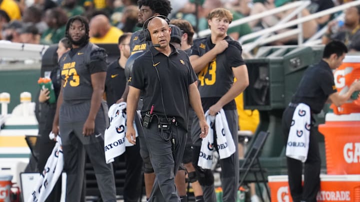 Sep 20, 2025; Waco, Texas, USA; Baylor Bears head coach Dave Aranda reacts on the sideline against the Arizona State Sun Devils during the first half at McLane Stadium. Mandatory Credit: Chris Jones-Imagn Images