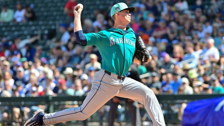 Seattle Mariners starting pitcher Emerson Hancock (62) throws in the first inning against the Chicago Cubs during a spring training game at Sloan Park on March 8.