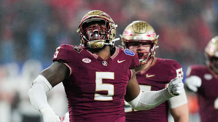 Dec 2, 2023; Charlotte, NC, USA; Florida State Seminoles defensive lineman Jared Verse (5) reacts during the fourth quarter against the Louisville Cardinals at Bank of America Stadium. Mandatory Credit: Jim Dedmon-Imagn Images