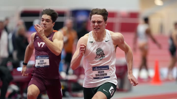 Mar 8, 2024; Boston, MA, USA; Heath Baldwin of Michigan State runs 7.02 in the heptathlon 60m during the NCAA Indoor Track and Field Championships at The Track at New Balance. Mandatory Credit: Kirby Lee-USA TODAY Sports