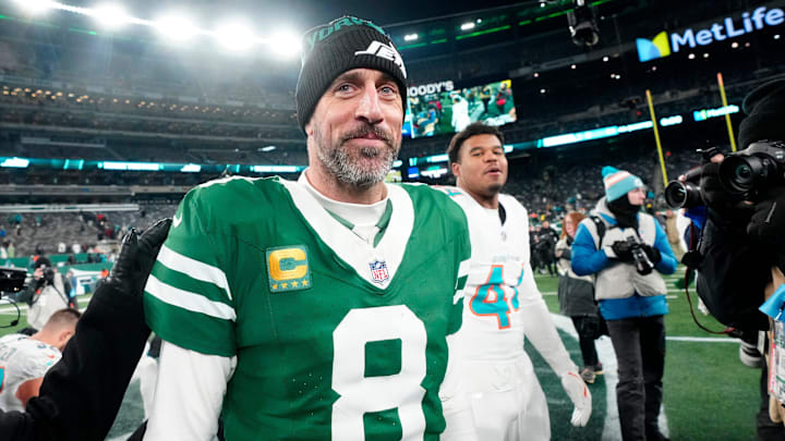 New York Jets quarterback Aaron Rodgers (8) is shown after he led Gang Green to a 32-20 victory against the Miami Dolphins
