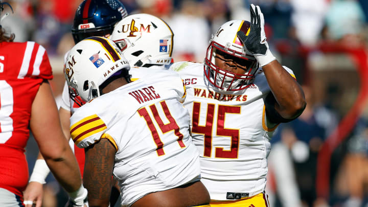 Nov 18, 2023; Oxford, Mississippi, USA; Louisiana Monroe Warhawks defensive linemen Adin Huntington (45) reacts after a defensive stop during the first half against the Mississippi Rebels at Vaught-Hemingway Stadium. 