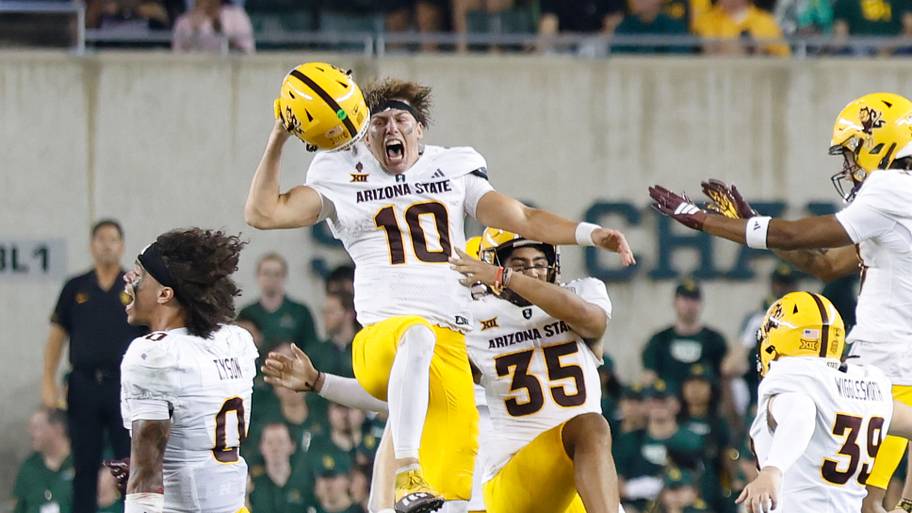 Arizona State Sun Devils quarterback Sam Leavitt reacts after the Arizona State Sun Devils defeated the Baylor Bears.