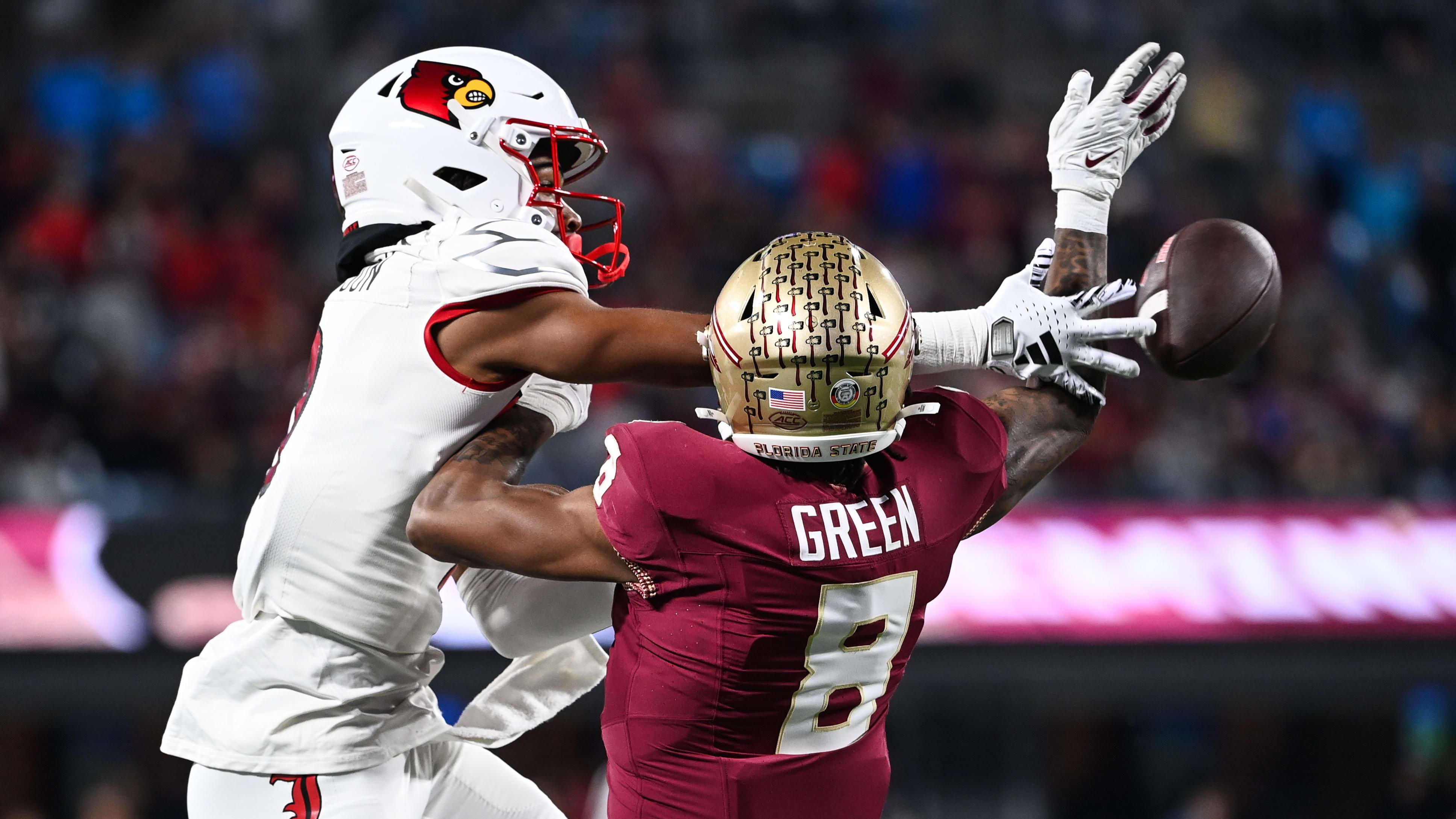 Dec 2, 2023; Charlotte, NC, USA; Florida State Seminoles defensive back Renardo Green (8) breaks up a pass against Louisville