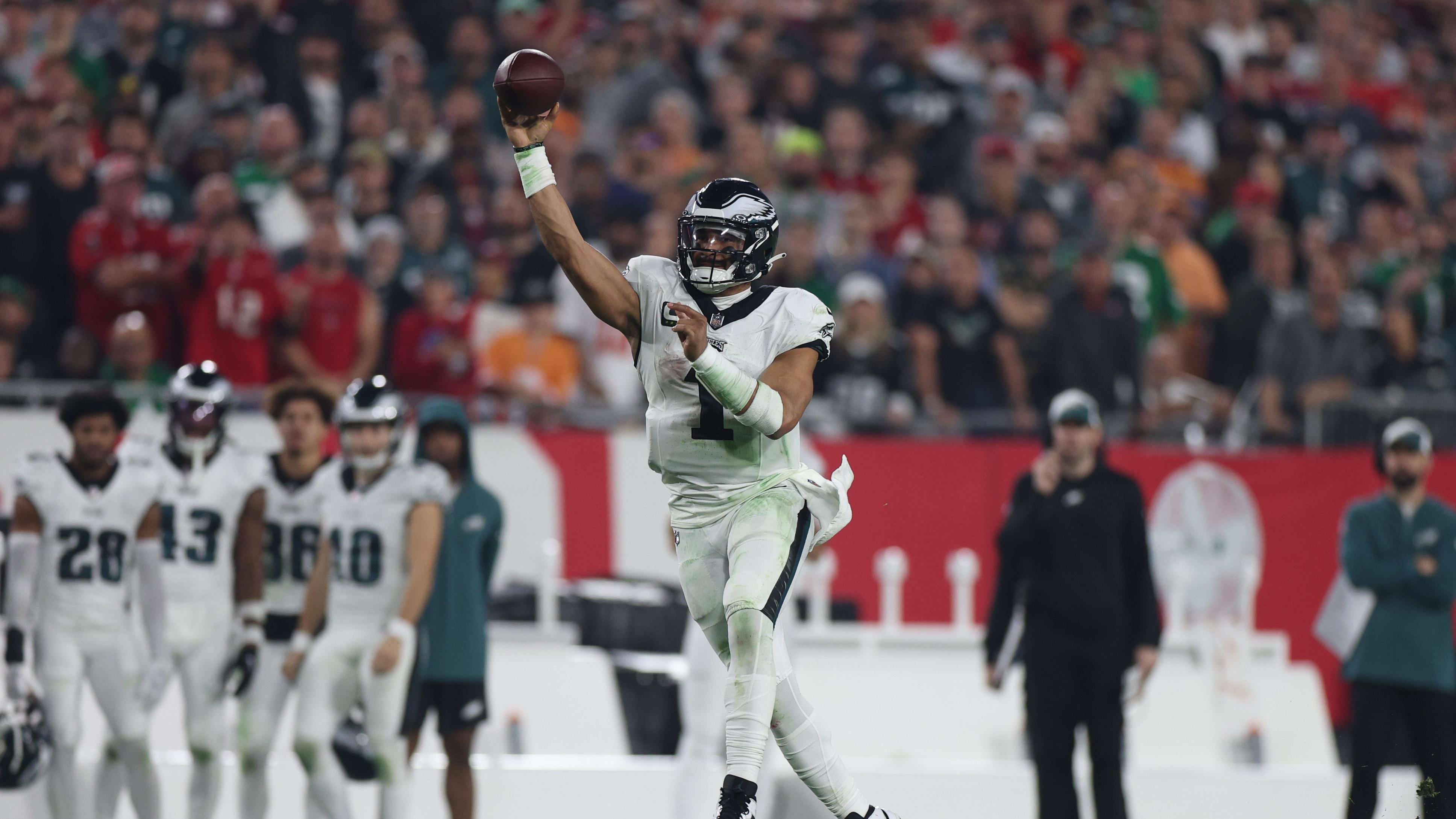 Jan 15, 2024; Tampa, Florida, USA;  Philadelphia Eagles quarterback Jalen Hurts (1) throws against