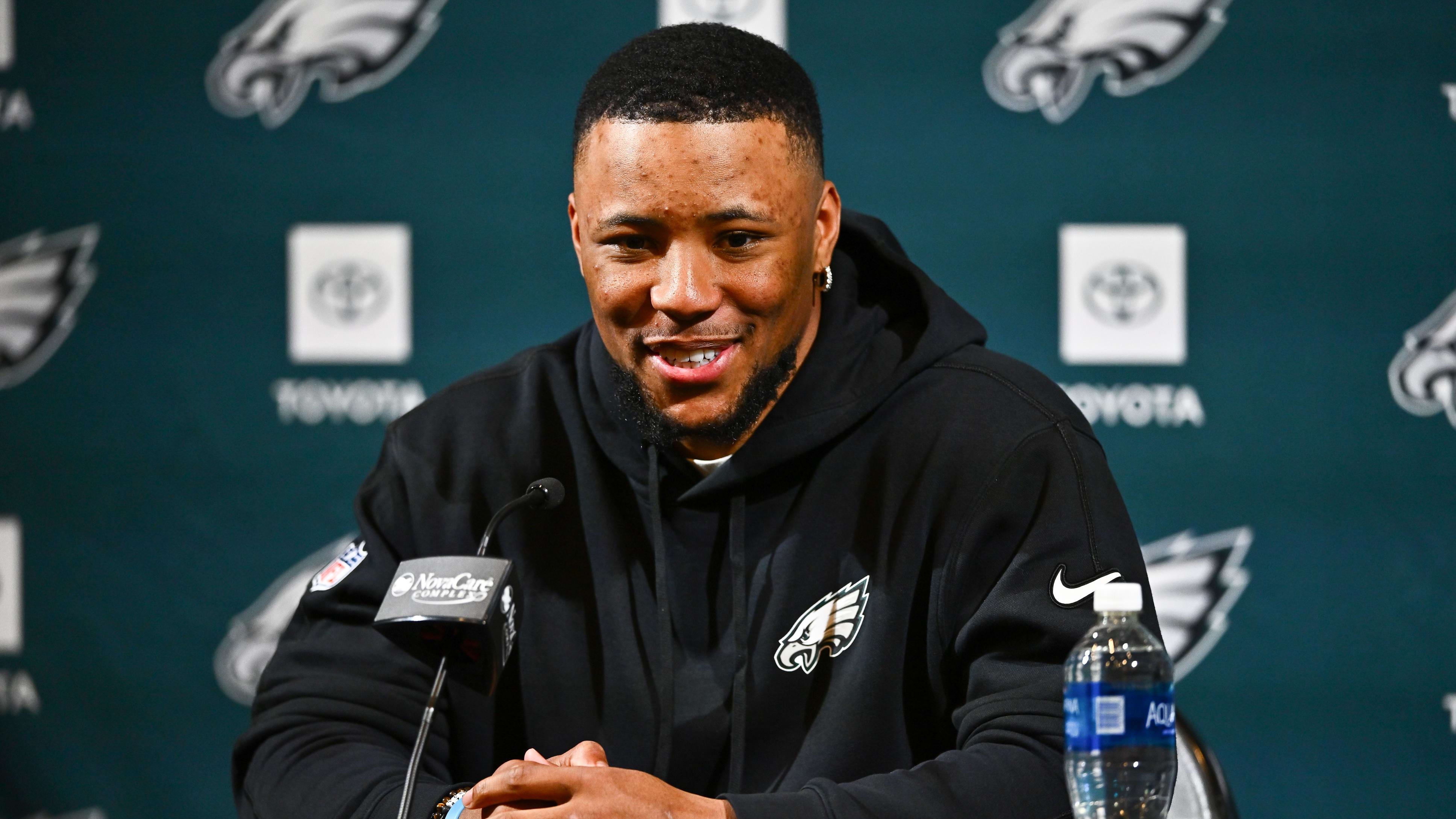 Mar 14, 2024; Philadelphia, PA, USA; Philadelphia Eagles running back Saquon Barkley speaks during his introductory presser.