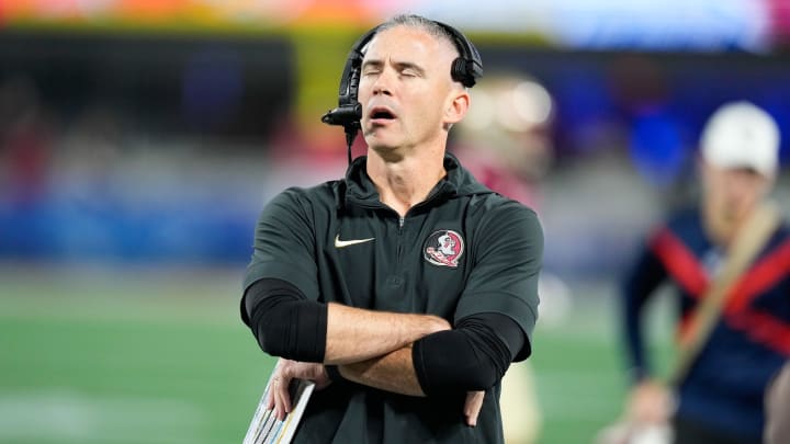 Dec 2, 2023; Charlotte, NC, USA; Florida State Seminoles head coach Mike Norvell reacts on the sidelines during the second quarter against the Louisville Cardinalsat Bank of America Stadium. Mandatory Credit: Jim Dedmon-USA TODAY Sports