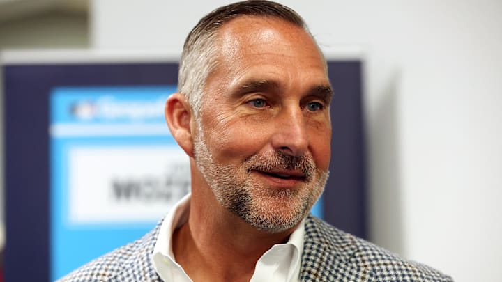 Feb 15, 2024; Tampa, FL, USA; St. Louis Cardinals president of baseball operations John Mozeliak talks with media at George M. Steinbrenner Field. Mandatory Credit: Kim Klement Neitzel-Imagn Images