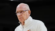 Feb 24, 2024; Coral Gables, Florida, USA; Miami Hurricanes head coach Jim Larranaga looks on after the game against the Georgia Tech Yellow Jackets at Watsco Center. Mandatory Credit: Sam Navarro-Imagn Images