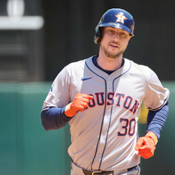 May 26, 2024; Oakland, California, USA; Houston Astros outfielder Kyle Tucker (30) runs the bases after hitting a two run home run against the Oakland Athletics during the fourth inning at Oakland-Alameda County Coliseum.