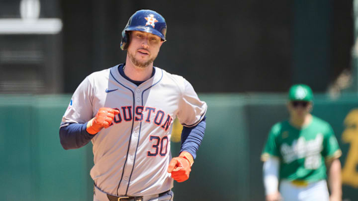 May 26, 2024; Oakland, California, USA; Houston Astros outfielder Kyle Tucker (30) runs the bases after hitting a two run home run against the Oakland Athletics during the fourth inning at Oakland-Alameda County Coliseum.