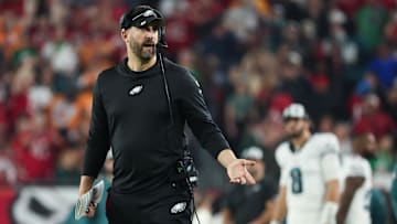Jan 15, 2024; Tampa, Florida, USA; Philadelphia Eagles head coach Nick Sirianni reacts on the sideline during the second half of a 2024 NFC wild card game against the Tampa Bay Buccaneers at Raymond James Stadium. Mandatory Credit: Kim Klement Neitzel-Imagn Images