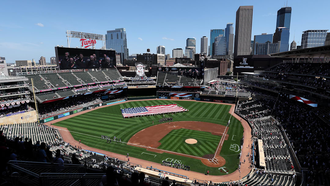 Jul 4, 2025; Minneapolis, Minnesota, USA; A general view of Target Field during the National Anthem prior to the game between the Minnesota Twins and the Tampa Bay Rays.