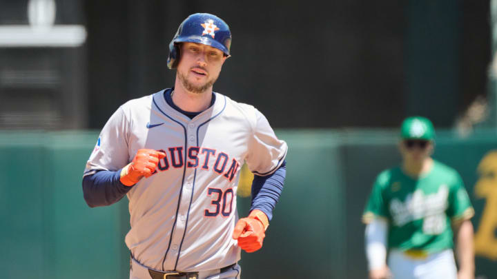 May 26, 2024; Oakland, California, USA; Houston Astros outfielder Kyle Tucker (30) runs the bases after hitting a two run home run against the Oakland Athletics during the fourth inning at Oakland-Alameda County Coliseum. 