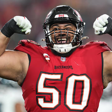 Jan 15, 2024; Tampa, Florida, USA; Tampa Bay Buccaneers defensive tackle Vita Vea (50) reacts after a play against the Philadelphia Eagles during the second half of a 2024 NFC wild card game at Raymond James Stadium. Mandatory Credit: Nathan Ray Seebeck-Imagn Images