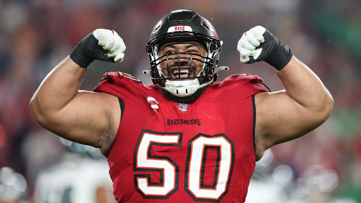 Jan 15, 2024; Tampa, Florida, USA; Tampa Bay Buccaneers defensive tackle Vita Vea (50) reacts after a play against the Philadelphia Eagles during the second half of a 2024 NFC wild card game at Raymond James Stadium. Mandatory Credit: Nathan Ray Seebeck-Imagn Images