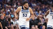 May 28, 2024; Dallas, Texas, USA; Minnesota Timberwolves center Karl-Anthony Towns (32) reacts against the Dallas Mavericks during the fourth quarter of game four of the western conference finals for the 2024 NBA playoffs at American Airlines Center. Mandatory Credit: Kevin Jairaj-USA TODAY Sports