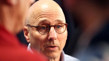 Feb 15, 2024; Tampa, FL, USA; New York Yankees general manager Brian Cashman talks with media at George M. Steinbrenner Field. Mandatory Credit: Kim Klement Neitzel-Imagn Images