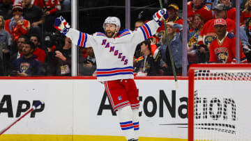 May 26, 2024; Sunrise, Florida, USA; New York Rangers center Barclay Goodrow (21) celebrates after scoring against the Florida Panthers during the second period in game three of the Eastern Conference Final of the 2024 Stanley Cup Playoffs at Amerant Bank Arena. Mandatory Credit: Sam Navarro-USA TODAY Sports