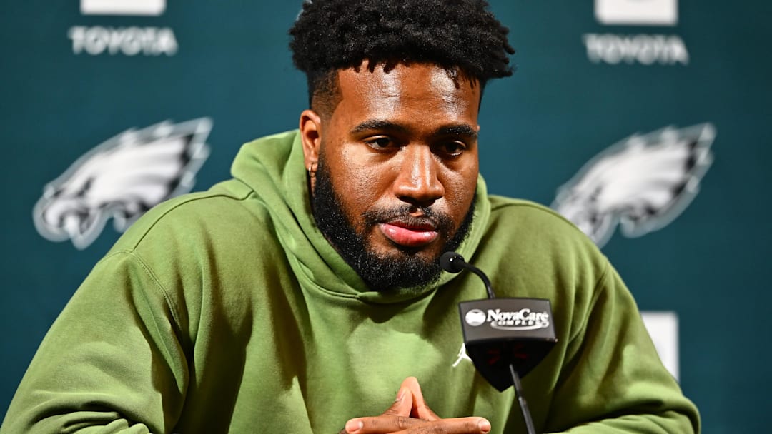 Mar 14, 2024; Philadelphia, PA, USA; Philadelphia Eagles linebacker Bryce Huff speaks during a press conference after signing with the team. Mandatory Credit: Kyle Ross-Imagn Images