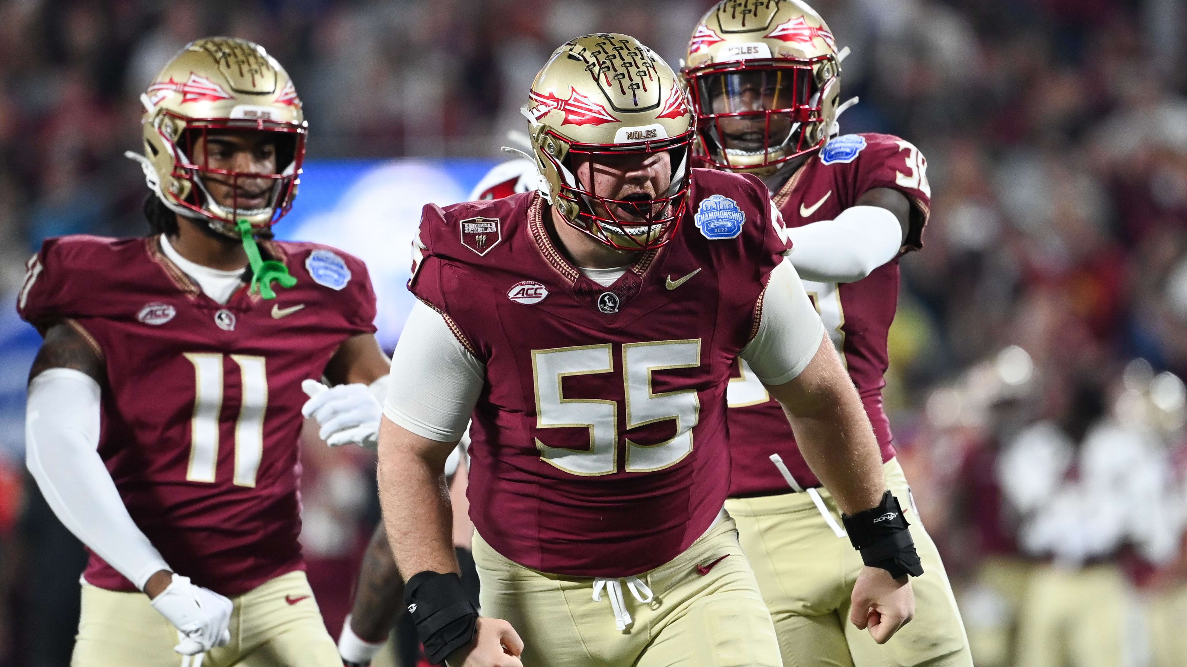 Florida State Seminoles defensive lineman Braden Fiske (55) reacts to a tackle.