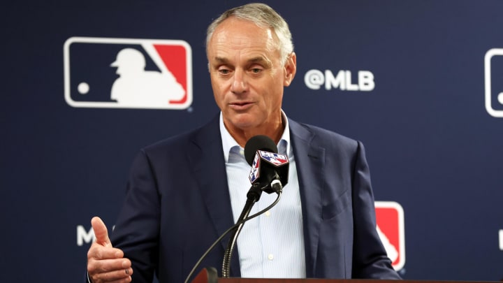 Feb 15, 2024; Tampa, FL, USA; MLB commissioner Rob Manfred talks with media at George M. Steinbrenner Field. Mandatory Credit: Kim Klement Neitzel-USA TODAY Sports