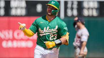 May 26, 2024; Oakland, California, USA; Oakland Athletics catcher Shea Langeliers (23) gestures toward the Athletics bullpen after hitting a one run home run against the Houston Astros during the ninth inning at Oakland-Alameda County Coliseum. Mandatory Credit: Robert Edwards-USA TODAY Sports