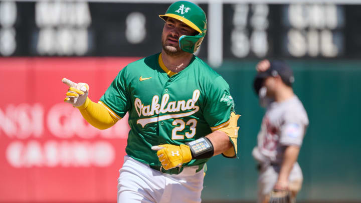 May 26, 2024; Oakland, California, USA; Oakland Athletics catcher Shea Langeliers (23) gestures toward the Athletics bullpen after hitting a one run home run against the Houston Astros during the ninth inning at Oakland-Alameda County Coliseum. Mandatory Credit: Robert Edwards-USA TODAY Sports