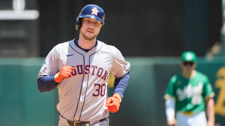 May 26, 2024; Oakland, California, USA; Houston Astros outfielder Kyle Tucker (30) runs the bases after hitting a two run home run against the Oakland Athletics during the fourth inning at Oakland-Alameda County Coliseum.