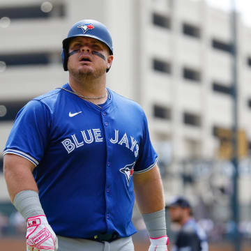 May 26, 2024; Detroit, Michigan, USA; Toronto Blue Jays designated hitter Daniel Vogelbach (20) looks on after an at bat in the third inning of the game against the Detroit Tigers at Comerica Park.