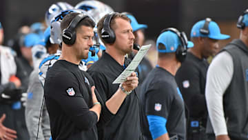 Sep 14, 2025; Glendale, Arizona, USA;  Carolina Panthers head coach Dave Canales  looks on during the third quarter against the Arizona Cardinals at State Farm Stadium. 