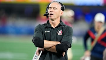 Dec 2, 2023; Charlotte, NC, USA; Florida State Seminoles head coach Mike Norvell reacts on the sidelines during the second quarter against the Louisville Cardinalsat Bank of America Stadium. Mandatory Credit: Jim Dedmon-Imagn Images