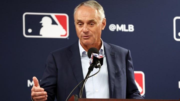 Feb 15, 2024; Tampa, FL, USA; MLB commissioner Rob Manfred talks with media at George M. Steinbrenner Field. Mandatory Credit: Kim Klement Neitzel-USA TODAY Sports