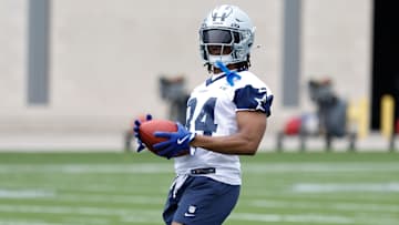 Dallas Cowboys running back Jaydon Blue (34) goes through a drill during practice at the Ford Center at the Star Training Facility in Frisco, Texas.