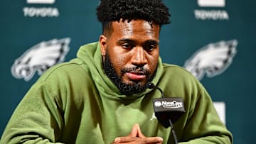 Former Philadelphia Eagles linebacker Bryce Huff speaks during a press conference after signing with the team.
