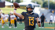 Sep 20, 2025; Waco, Texas, USA; Baylor Bears quarterback Sawyer Robertson (13) during warm ups before the game against the Arizona State Sun Devils at McLane Stadium. Mandatory Credit: Chris Jones-Imagn Images