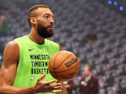 Gobert warms up before Game 4 against the Dallas Mavericks in the Western Conference Finals.