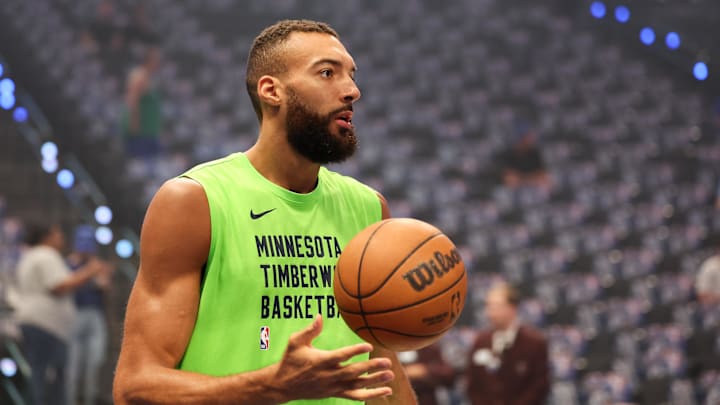 Gobert warms up before Game 4 against the Dallas Mavericks in the Western Conference Finals.