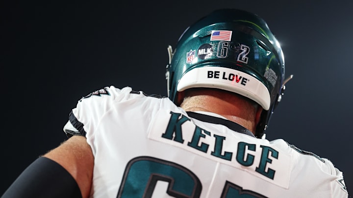 Jan 15, 2024; Tampa, Florida, USA; Philadelphia Eagles center Jason Kelce (62) wears an MLK sticker on his helmet in observance of Martin Luther King Jr. Day before a a 2024 NFC wild card game against the Tampa Bay Buccaneers at Raymond James Stadium. Mandatory Credit: Nathan Ray Seebeck-Imagn Images