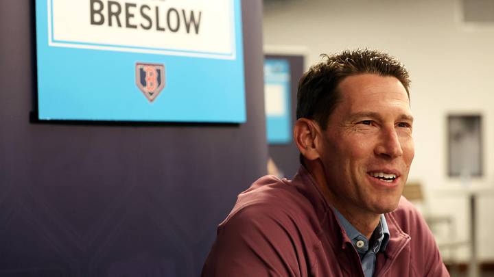 Feb 15, 2024; Tampa, FL, USA; Boston Red Sox chief baseball officer Craig Breslow talks with media at George M. Steinbrenner Field. Mandatory Credit: Kim Klement Neitzel-Imagn Images
