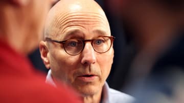 Feb 15, 2024; Tampa, FL, USA; New York Yankees general manager Brian Cashman talks with media at George M. Steinbrenner Field. Mandatory Credit: Kim Klement Neitzel-USA TODAY Sports