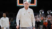 Feb 24, 2024; Coral Gables, Florida, USA; Miami Hurricanes head coach Jim Larranaga looks on after the game against the Georgia Tech Yellow Jackets at Watsco Center. Mandatory Credit: Sam Navarro-Imagn Images