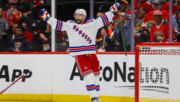 May 26, 2024; Sunrise, Florida, USA; New York Rangers center Barclay Goodrow (21) celebrates after scoring against the Florida Panthers during the second period in game three of the Eastern Conference Final of the 2024 Stanley Cup Playoffs at Amerant Bank Arena. Mandatory Credit: Sam Navarro-USA TODAY Sports