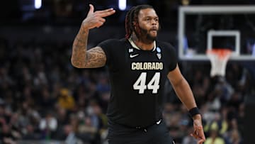 Mar 24, 2024; Indianapolis, IN, USA; Colorado Buffaloes center Eddie Lampkin Jr. (44) gestures after