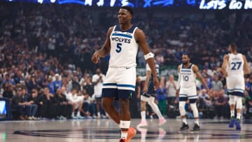 May 28, 2024; Dallas, Texas, USA; Minnesota Timberwolves guard Anthony Edwards (5) reacts during the first quarter against the Dallas Mavericks in game four of the western conference finals for the 2024 NBA playoffs at American Airlines Center. Mandatory Credit: Kevin Jairaj-USA TODAY Sports