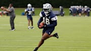 Jun 10, 2025; Arlington, TX, USA; Dallas Cowboys linebacker Damone Clark (18) goes through a drill during practice at the Ford Center at the Star Training Facility in Frisco, Texas. Mandatory Credit: Chris Jones-Imagn Images