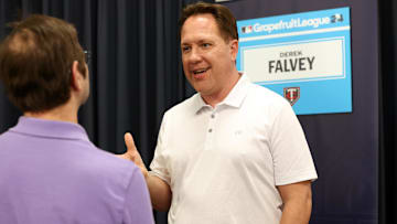 Feb 15, 2024; Tampa, FL, USA; Minnesota Twins president of baseball operations Derek Falvey talks with media at George M. Steinbrenner Field. Mandatory Credit: Kim Klement Neitzel-Imagn Images