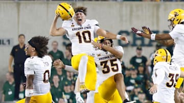 Arizona State quarterback Sam Leavitt (10) reacts after the Sun Devils defeat the Baylor Bears 27-24 in the final seconds at McLane Stadium. 