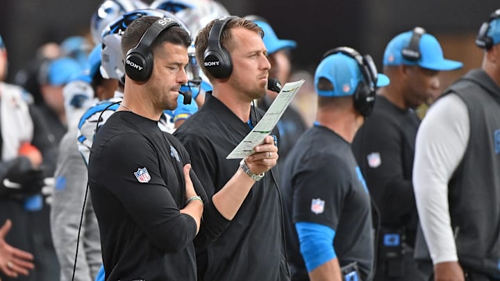 Sep 14, 2025; Glendale, Arizona, USA;  Carolina Panthers head coach Dave Canales  looks on during the third quarter against the Arizona Cardinals at State Farm Stadium. Mandatory Credit: Matt Kartozian-Imagn Images