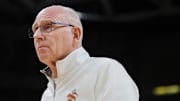 Feb 24, 2024; Coral Gables, Florida, USA; Miami Hurricanes head coach Jim Larranaga looks on after the game against the Georgia Tech Yellow Jackets at Watsco Center. Mandatory Credit: Sam Navarro-Imagn Images